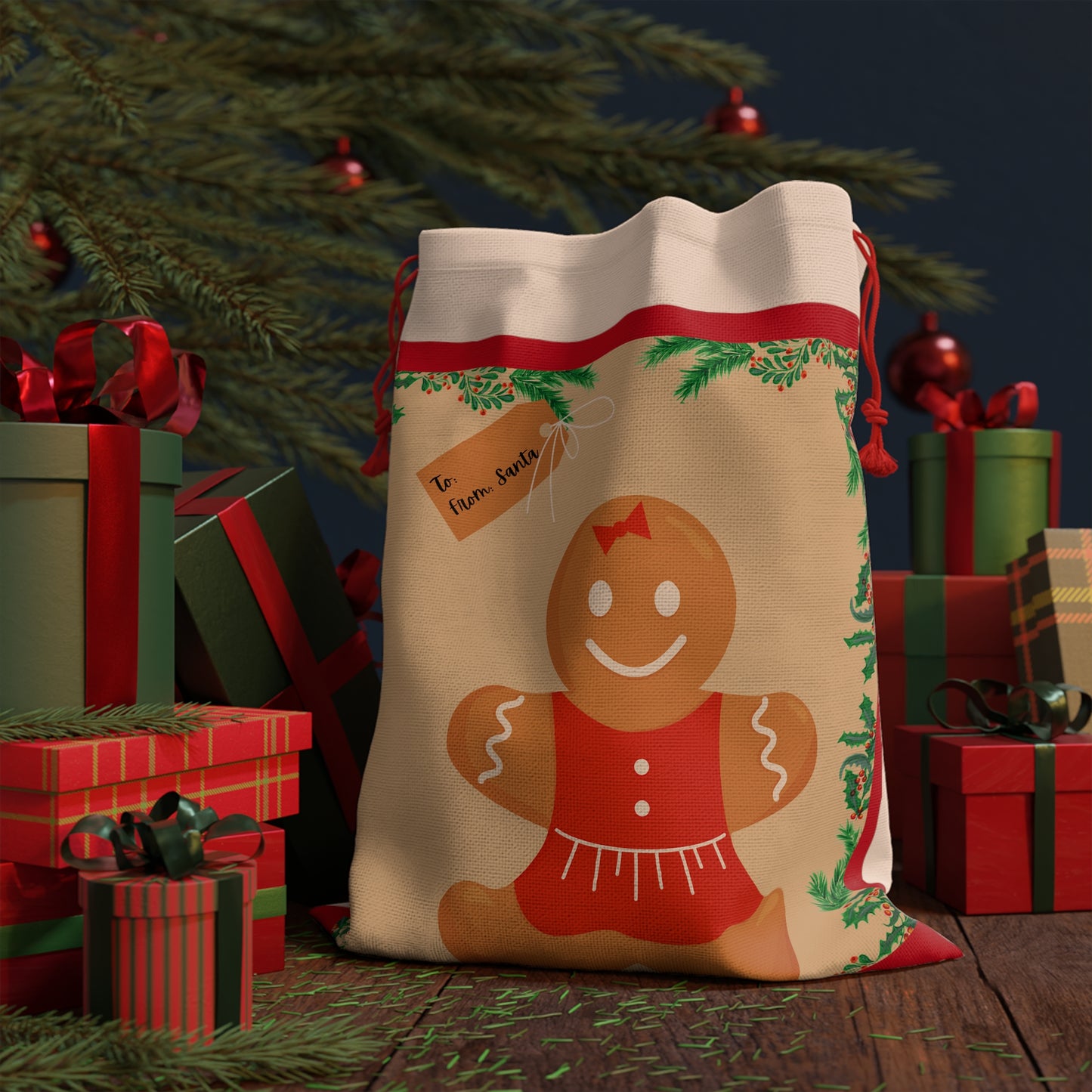 Gingerbread GIRL ~ Christmas Gift Bag ~ Linen Bag